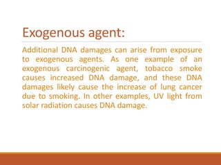 Exogenous agent:
Additional DNA damages can arise from exposure
to exogenous agents. As one example of an
exogenous carcinogenic agent, tobacco smoke
causes increased DNA damage, and these DNA
damages likely cause the increase of lung cancer
due to smoking. In other examples, UV light from
solar radiation causes DNA damage.
 