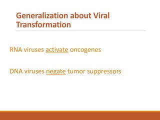 Generalization about Viral
Transformation
RNA viruses activate oncogenes
DNA viruses negate tumor suppressors
 