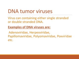 DNA tumor viruses
Virus can containing either single stranded
or double stranded DNA.
Examples of DNA viruses are:
Adenoviridae, Herpesviridae,
Papillomaviridae, Polyomaviridae, Poxviridae
etc.
 