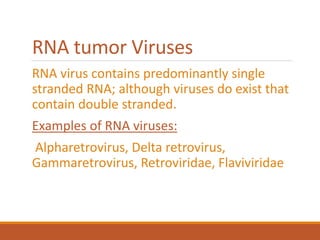 RNA tumor Viruses
RNA virus contains predominantly single
stranded RNA; although viruses do exist that
contain double stranded.
Examples of RNA viruses:
Alpharetrovirus, Delta retrovirus,
Gammaretrovirus, Retroviridae, Flaviviridae
 
