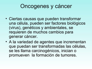 Oncogenes y cáncer
• Ciertas causas que pueden transformar
una célula, pueden ser factores biológicos
(virus), genéticos y ambientales, se
requieren de muchos cambios para
generar cáncer.
• A la variedad de agentes que incrementan
que puedan ser transformadas las células,
se les llama carcinogénicos, inician o
promueven la formación de tumores.

 