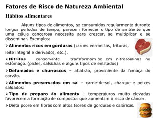 Fatores de Risco de Natureza Ambiental
Hábitos Alimentares
Alguns tipos de alimentos, se consumidos regularmente durante
longos períodos de tempo, parecem fornecer o tipo de ambiente que
uma célula cancerosa necessita para crescer, se multiplicar e se
disseminar. Exemplos:
⮚Alimentos ricos em gorduras (carnes vermelhas, frituras,
leite integral e derivados, etc.).
⮚Nitritos – conservante – transformam-se em nitrosaminas no
estômago. (picles, salsichas e alguns tipos de enlatados)
⮚Defumados e churrascos – alcatrão, proveniente da fumaça do
carvão.
⮚Alimentos preservados em sal – carne-de-sol, charque e peixes
salgados;
⮚Tipo de preparo do alimento – temperaturas muito elevadas
favorecem a formação de compostos que aumentam o risco de câncer.
⮚Dieta pobre em fibras com altos teores de gorduras e calóricas.
 