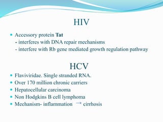 HIV
 Accessory protein Tat
- interferes with DNA repair mechanisms
- interfere with Rb gene mediated growth regulation pathway
HCV
 Flaviviridae. Single stranded RNA.
 Over 170 million chronic carriers
 Hepatocellular carcinoma
 Non Hodgkins B cell lymphoma
 Mechanism- inflammation cirrhosis
 