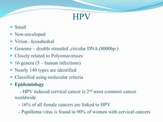 HPV
 Small
 Non-enveloped
 Virion –Icosahedral
 Genome – double stranded ,circular DNA (8000bp )
 Closely related to Polyomaviruses
 16 genera (5 – human infections)
 Nearly 140 types are identified
 Classified using molecular criteria
 Epidemiology
- HPV induced cervical cancer is 2nd most common cancer
worldwide
- 16% of all female cancers are linked to HPV
- Papilloma virus is found in 90% of women with cervical cancers
 
