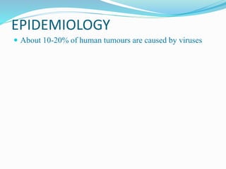 EPIDEMIOLOGY
 About 10-20% of human tumours are caused by viruses
 