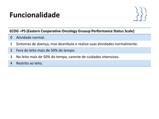 Funcionalidade
ECOG –PS (Eastern Cooperative Oncology Gruoup Performance Status Scale)
0 Atividade normal.
1 Sintomas de doença, mas deambula e realiza suas atividades normalmente.
2 Fora do leito mais de 50% do tempo.
3 No leito mais de 50% do tempo, carente de cuidados intensivos.
4 Restrito ao leito.
 