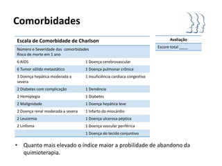 Comorbidades
Escala de Comorbidade de Charlson                                              Avaliação
                                                                         Escore total ____
Número e Severidade das comorbidades
Risco de morte em 1 ano
6 AIDS                             1 Doença cerebrovascular
6 Tumor sólido metastático         1 Doença pulmonar crônica
3 Doença hepática moderada a       1 Insuficiência cardíaca congestiva
severa
2 Diabetes com complicação         1 Demência
2 Hemiplegia                       1 Diabetes
2 Malignidade                      1 Doença hepática leve
2 Doença renal moderada a severa   1 Infarto do miocárdio
2 Leucemia                         1 Doença ulcerosa péptica
2 Linfoma                          1 Doença vascular periférica
                                   1 Doença do tecido conjuntivo

• Quanto mais elevado o índice maior a probilidade de abandono da
  quimioterapia.
 