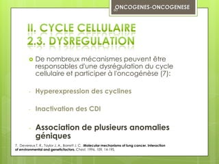 60




           De nombreux mécanismes peuvent être
            responsables d'une dysrégulation du cycle
            cellulaire et participer à l'oncogénèse (7):

        -   Hyperexpression des cyclines

        -   Inactivation des CDI

        -   Association de plusieurs anomalies
            géniques
7. Devereux T. R., Taylor J. A., Barrett J. C. :Molecular mechanisms of lung cancer. Interaction
of environmental and geneticfactors. Chest, 1996, 109, 14-19S.
 