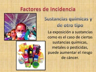 La exposición a sustancias
como es el caso de ciertas
   sustancias químicas,
  metales o pesticidas,
puede aumentar el riesgo
        de cáncer.
 