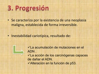 • Se caracteriza por la existencia de una neoplasia
  maligna, establecida de forma irreversible.

• Inestabilidad cariotípica, resultado de:


             La acumulación de mutaciones en el
             ADN .
             La acción de los carcinógenas capaces
             de dañar el ADN.
             Alteración en la función de p53.
 