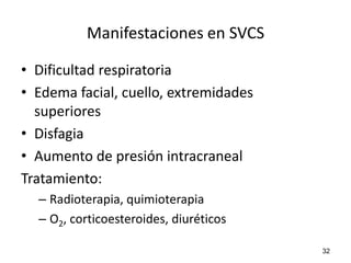 Manifestaciones en SVCS

• Dificultad respiratoria
• Edema facial, cuello, extremidades
  superiores
• Disfagia
• Aumento de presión intracraneal
Tratamiento:
  – Radioterapia, quimioterapia
  – O2, corticoesteroides, diuréticos

                                        32
 