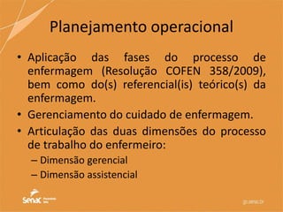 Planejamento operacional
• Aplicação das fases do processo de
enfermagem (Resolução COFEN 358/2009),
bem como do(s) referencial(is) teórico(s) da
enfermagem.
• Gerenciamento do cuidado de enfermagem.
• Articulação das duas dimensões do processo
de trabalho do enfermeiro:
– Dimensão gerencial
– Dimensão assistencial
 