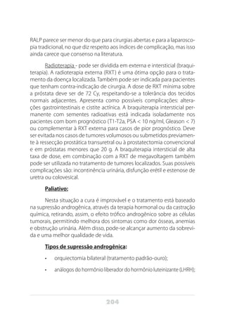 204
RALP parece ser menor do que para cirurgias abertas e para a laparosco-
pia tradicional, no que diz respeito aos índices de complicação, mas isso
ainda carece que consenso na literatura.
Radioterapia - pode ser dividida em externa e intersticial (braqui-
terapia). A radioterapia externa (RXT) é uma ótima opção para o trata-
mento da doença localizada. Também pode ser indicada para pacientes
que tenham contra-indicação de cirurgia. A dose de RXT mínima sobre
a próstata deve ser de 72 Cy, respeitando-se a tolerância dos tecidos
normais adjacentes. Apresenta como possíveis complicações: altera-
ções gastrointestinais e cistite actínica. A braquiterapia intersticial per-
manente com sementes radioativas está indicada isoladamente nos
pacientes com bom prognóstico (T1-T2a, PSA < 10 ng/ml, Gleason < 7)
ou complementar à RXT externa para casos de pior prognóstico. Deve
ser evitada nos casos de tumores volumosos ou submetidos previamen-
te à ressecção prostática transuretral ou à prostatectomia convencional
e em próstatas menores que 20 g. A braquiterapia intersticial de alta
taxa de dose, em combinação com a RXT de megavoltagem também
pode ser utilizada no tratamento de tumores localizados. Suas possíveis
complicações são: incontinência urinária, disfunção erétil e estenose de
uretra ou colovesical.
Paliativo:
Nesta situação a cura é improvável e o tratamento está baseado
na supressão androgênica, através da terapia hormonal ou da castração
química, retirando, assim, o efeito trófico androgênico sobre as células
tumorais, permitindo melhora dos sintomas como dor ósseas, anemias
e obstrução urinária. Além disso, pode-se alcançar aumento da sobrevi-
da e uma melhor qualidade de vida.
Tipos de supressão androgênica:
•	 orquiectomia bilateral (tratamento padrão-ouro);
•	 análogos do hormônio liberador do hormônio luteinizante (LHRH);
 