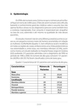 209
2.	Epidemiologia
Os SPMs são tumores raros. Estima-se que o número anual no Bra-
sil fique em torno de 5.000 casos. O fato de serem tumores raros dificulta
bastante o conhecimento geral dos médicos sobre o assunto. Isso não
apenas facilita o atraso no seu diagnóstico precoce como também leva
a condutas inapropriadas. Esse conjunto é responsável por atrapalhar
na taxa de cura, sobrevida e até mesmo na qualidade de vida desses
pacientes.
Os estudos mostram não ter uma diferença estatística entre os se-
xos ou um pequeno número maior de homens acometidos em relação
as mulheres: 53,4%/46,6% (Quadro 1). Sem influência racial e incidência
em todas as regiões do corpo, embora exista uma nítida predominância
nas extremidades e, entre estas, nos membros inferiores (37,4%), assim
como mostra um estudo realizado no Hospital Araújo Jorge em Goiânia
(GO) avaliando 215 pacientes admitidos com o diagnóstico de SPM no
período de 1996 a 2000. Os tumores de alto grau somaram 131 pacien-
tes (60,9%) e 84 (39,1%) foram classificados como de baixo grau.
Quadro 1: Características de 131 pacientes com sarcomas de alto grau.
Características Número de
Pacientes
Percentagem
(%)
Sexo
Masculino 70 (53,4)
Feminino 61 (46,6)
Localização
Membro inferior 49 (37,4)
Visceral 20 (15,3)
Retroperitônio 16 (12,2)
Parede torácica 12 (9,2)
Membro superior 12 (9,2)
 