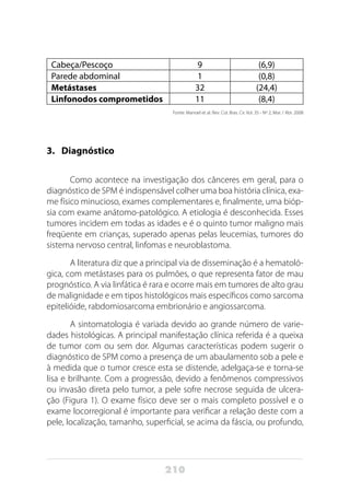 210
Cabeça/Pescoço 9 (6,9)
Parede abdominal 1 (0,8)
Metástases 32 (24,4)
Linfonodos comprometidos 11 (8,4)
Fonte: Manoel et al. Rev. Col. Bras. Cir. Vol. 35 - Nº 2, Mar. / Abr. 2008
3.	Diagnóstico
Como acontece na investigação dos cânceres em geral, para o
diagnóstico de SPM é indispensável colher uma boa história clínica, exa-
me físico minucioso, exames complementares e, finalmente, uma bióp-
sia com exame anátomo-patológico. A etiologia é desconhecida. Esses
tumores incidem em todas as idades e é o quinto tumor maligno mais
freqüente em crianças, superado apenas pelas leucemias, tumores do
sistema nervoso central, linfomas e neuroblastoma.
A literatura diz que a principal via de disseminação é a hematoló-
gica, com metástases para os pulmões, o que representa fator de mau
prognóstico. A via linfática é rara e ocorre mais em tumores de alto grau
de malignidade e em tipos histológicos mais específicos como sarcoma
epitelióide, rabdomiosarcoma embrionário e angiossarcoma.
A sintomatologia é variada devido ao grande número de varie-
dades histológicas. A principal manifestação clínica referida é a queixa
de tumor com ou sem dor. Algumas características podem sugerir o
diagnóstico de SPM como a presença de um abaulamento sob a pele e
à medida que o tumor cresce esta se distende, adelgaça-se e torna-se
lisa e brilhante. Com a progressão, devido a fenômenos compressivos
ou invasão direta pelo tumor, a pele sofre necrose seguida de ulcera-
ção (Figura 1). O exame físico deve ser o mais completo possível e o
exame locorregional é importante para verificar a relação deste com a
pele, localização, tamanho, superficial, se acima da fáscia, ou profundo,
 