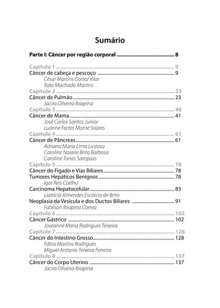 Sumário
Parte I: Câncer por região corporal........................................ 8
Capítulo 1................................................................................. 9
Câncer de cabeça e pescoço .................................................................. 9
César Martins Cortez Vilar
Ítalo Machado Martins
Capítulo 2................................................................................. 23
Câncer de Pulmão....................................................................................... 23
Jacira Oliveira Ibiapina
Capítulo 3................................................................................. 40
Câncer de Mama.......................................................................................... 41
José Carlos Santos Junior
Luanne Fortes Monte Soares
Capítulo 4................................................................................. 61
Câncer de Pâncreas..................................................................................... 61
Adriana Maria Lima Lustosa
Caroline Naiane Brito Barbosa
Caroline Torres Sampaio
Capítulo 5................................................................................. 78
Câncer do Fígado e Vias Biliares............................................................. 78
Tumores Hepáticos Benignos................................................................. 78
Igor Reis Coelho
Carcinoma Hepatocelular......................................................................... 83
Liatrícia Ximendes Escórcio de Brito
Neoplasia da Vesícula e dos Ductos Biliares ..................................... 91
Fabilson Ibiapina Correa
Capítulo 6................................................................................. 102
Câncer Gástrico ........................................................................................... 102
Joseanne Maria Rodrigues Teixeira
Capítulo 7................................................................................. 128
Câncer do Intestino Grosso...................................................................... 128
Fábio Martins Rodrigues
Miguel Antonio Teixeira Ferreira
Capítulo 8................................................................................. 137
Câncer do Corpo Uterino ......................................................................... 137
Jacira Oliveira Ibiapina
 