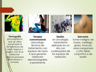Termografía
procedimiento
que se utiliza
para medir la
temperatura de
cierto órgano o
región; con él se
detectan
algunos procesos
inflamatorios o
tumores.
Terapia
convencional
ortovoltaje,
técnica de
tratamiento con
equipos de rayos
X que generan
radiación
electromagnétic
a penetrante.
Sarcoma.
tumor maligno de
hueso, cartílago,
grasa, músculo,
vasos sanguíneos
u otro tejido
conjuntivo o de
sostén
Sesión.
en oncología,
tratamiento
aplicado en un
día con
cualesquiera de
los equipos de
radiación.
 