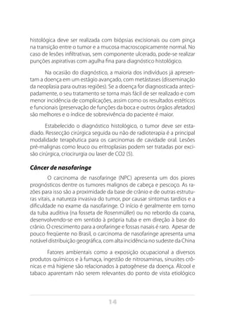14
histológica deve ser realizada com biópsias excisionais ou com pinça
na transição entre o tumor e a mucosa macroscopicamente normal. No
caso de lesões infiltrativas, sem componente ulcerado, pode-se realizar
punções aspirativas com agulha fina para diagnóstico histológico.
Na ocasião do diagnóstico, a maioria dos indivíduos já apresen-
tam a doença em um estágio avançado, com metástases (disseminação
da neoplasia para outras regiões). Se a doença for diagnosticada anteci-
padamente, o seu tratamento se torna mais fácil de ser realizado e com
menor incidência de complicações, assim como os resultados estéticos
e funcionais (preservação de funções da boca e outros órgãos afetados)
são melhores e o índice de sobrevivência do paciente é maior.
Estabelecido o diagnóstico histológico, o tumor deve ser esta-
diado. Ressecção cirúrgica seguida ou não de radioterapia é a principal
modalidade terapêutica para os carcinomas de cavidade oral. Lesões
pré-malignas como leuco ou eritroplasias podem ser tratadas por exci-
são cirúrgica, criocirurgia ou laser de CO2 (5).
Câncer de nasofaringe
O carcinoma de nasofaringe (NPC) apresenta um dos piores
prognósticos dentre os tumores malignos de cabeça e pescoço. As ra-
zões para isso são a proximidade da base de crânio e de outras estrutu-
ras vitais, a natureza invasiva do tumor, por causar sintomas tardios e a
dificuldade no exame da nasofaringe. O início é geralmente em torno
da tuba auditiva (na fosseta de Rosenmüller) ou no rebordo da coana,
desenvolvendo-se em sentido à própria tuba e em direção à base do
crânio. O crescimento para a orofaringe e fossas nasais é raro. Apesar de
pouco freqüente no Brasil, o carcinoma de nasofaringe apresenta uma
notável distribuição geográfica, com alta incidência no sudeste da China
Fatores ambientais como a exposição ocupacional a diversos
produtos químicos e à fumaça, ingestão de nitrosaminas, sinusites crô-
nicas e má higiene são relacionados à patogênese da doença. Álcool e
tabaco aparentam não serem relevantes do ponto de vista etiológico
 