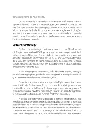 15
para o carcinoma de nasofaringe.
O tratamento de escolha do carcinoma de nasofaringe é radiote-
rápico, utilizando raios-X em supervoltagem, em doses fracionadas diá-
rias. Em alguns casos a braquiterapia pode ser associada ao tratamento
inicial ou na persistência de tumor residual. A cirurgia tem indicações
restritas e somente em casos selecionados, constituindo em esvazia-
mento cervical quando há persistência de metástases cervicais após o
controle do tumor primário.
Câncer de orofaringe
O câncer de orofaringe relaciona-se com o uso de álcool, tabaco
e infecções com o vírus HPV. Espera-se que ocorra em quatro mil indi-
víduos por ano. O homem é acometido de cinco a oito vezes mais que
a mulher, ocorrendo tipicamente aos 50 ou 70 anos. Aproximadamente
40 a 50% dos tumores da faringe localizam-se na orofaringe, sendo a
tonsila e loja tonsilar acometidas em 40% das vezes, e a base da língua
em aproximadamente 30%.
A dor de garganta persistente, dificuldade de engolir, sensação
de nódulo na garganta, perda de peso progressiva e rouquidão são al-
guns sintomas devido o câncer orofaringeano.
O carcinoma epidermóide é o tipo histológico encontrado com
mais freqüência. A disseminação dos tumores da orofaringe ocorre por
continuidade, por via linfática e à distância pela corrente sanguinea. A
proximidade com a cavidade oral, laringe e outras áreas da faringe facili-
ta a invasão de outros órgãos, mesmo em lesões pequenas.
A opção do tratamento adequado é sempre multifatorial. Tipo
histológico, estadiamento, prognóstico, seqüelas funcionais e estéticas,
possibilidades de reabilitação e, principalmente, as expectativas, opções
e características particulares de cada doente devem ser levados em con-
sideração. Nos carcinomas da orofaringe em estádio I os resultados do
tratamento cirúrgico e da radioterapia são semelhantes. Nas lesões em
 