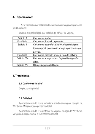 187
4.	Estadiamento
	 A classificação por estádios do carcinoma de vagina segue abai-
xo (Quadro 1):
Quadro 1: Classificação por estádio do câncer de vagina.
Estádio 0 Carcinoma in situ.
Estádio Ia Carcinoma limitado à parede.
Estádio II Carcinoma estende-se ao tecido paravaginal
(paracolpos), porém não atinge a parede óssea
pélvica.
Estádio III Carcinoma estende-se até a parede pélvica.
Estádio IVa Carcinoma atinge outros órgãos (bexiga e/ou
reto).
Estádio IVb Há metástase a distância.
5. Tratamento
5.1 Carcinoma“in situ”
Colpectomia parcial.
5.2 Estádio I
Acometimento do terço superior e médio da vagina: cirurgia de
Wertheim Meigs com colpectomia total.
Acometimento do terço inferior da vagina: cirurgia de Wertheim
Meigs com colpectomia e vulvectomia radical.
 