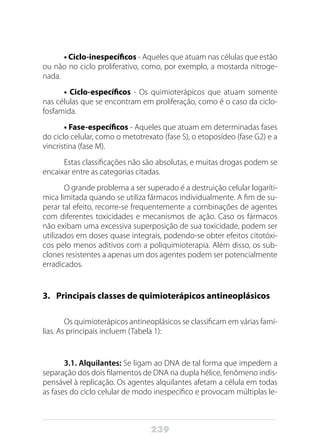 239
• Ciclo-inespecíficos - Aqueles que atuam nas células que estão
ou não no ciclo proliferativo, como, por exemplo, a mostarda nitroge-
nada.
• Ciclo-específicos - Os quimioterápicos que atuam somente
nas células que se encontram em proliferação, como é o caso da ciclo-
fosfamida.
• Fase-específicos - Aqueles que atuam em determinadas fases
do ciclo celular, como o metotrexato (fase S), o etoposídeo (fase G2) e a
vincristina (fase M).
Estas classificações não são absolutas, e muitas drogas podem se
encaixar entre as categorias citadas.
O grande problema a ser superado é a destruição celular logaríti-
mica limitada quando se utiliza fármacos individualmente. A fim de su-
perar tal efeito, recorre-se frequentemente a combinações de agentes
com diferentes toxicidades e mecanismos de ação. Caso os fármacos
não exibam uma excessiva superposição de sua toxicidade, podem ser
utilizados em doses quase integrais, podendo-se obter efeitos citotóxi-
cos pelo menos aditivos com a poliquimioterapia. Além disso, os sub-
clones resistentes a apenas um dos agentes podem ser potencialmente
erradicados.
3.	 Principais classes de quimioterápicos antineoplásicos
Os quimioterápicos antineoplásicos se classificam em várias famí-
lias. As principais incluem (Tabela 1):
3.1. Alquilantes: Se ligam ao DNA de tal forma que impedem a
separação dos dois filamentos de DNA na dupla hélice, fenômeno indis-
pensável à replicação. Os agentes alquilantes afetam a célula em todas
as fases do ciclo celular de modo inespecífico e provocam múltiplas le-
 