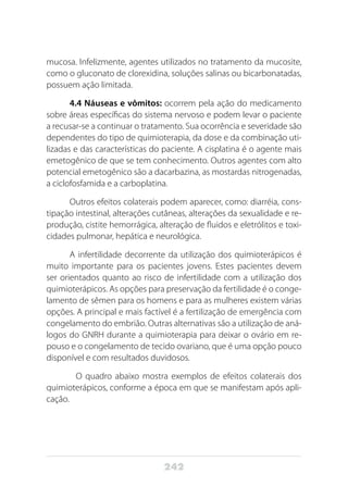 242
mucosa. Infelizmente, agentes utilizados no tratamento da mucosite,
como o gluconato de clorexidina, soluções salinas ou bicarbonatadas,
possuem ação limitada.
4.4 Náuseas e vômitos: ocorrem pela ação do medicamento
sobre áreas específicas do sistema nervoso e podem levar o paciente
a recusar-se a continuar o tratamento. Sua ocorrência e severidade são
dependentes do tipo de quimioterapia, da dose e da combinação uti-
lizadas e das características do paciente. A cisplatina é o agente mais
emetogênico de que se tem conhecimento. Outros agentes com alto
potencial emetogênico são a dacarbazina, as mostardas nitrogenadas,
a ciclofosfamida e a carboplatina.
Outros efeitos colaterais podem aparecer, como: diarréia, cons-
tipação intestinal, alterações cutâneas, alterações da sexualidade e re-
produção, cistite hemorrágica, alteração de fluidos e eletrólitos e toxi-
cidades pulmonar, hepática e neurológica.
A infertilidade decorrente da utilização dos quimioterápicos é
muito importante para os pacientes jovens. Estes pacientes devem
ser orientados quanto ao risco de infertilidade com a utilização dos
quimioterápicos. As opções para preservação da fertilidade é o conge-
lamento de sêmen para os homens e para as mulheres existem várias
opções. A principal e mais factível é a fertilização de emergência com
congelamento do embrião. Outras alternativas são a utilização de aná-
logos do GNRH durante a quimioterapia para deixar o ovário em re-
pouso e o congelamento de tecido ovariano, que é uma opção pouco
disponível e com resultados duvidosos.
	 O quadro abaixo mostra exemplos de efeitos colaterais dos
quimioterápicos, conforme a época em que se manifestam após apli-
cação.
 