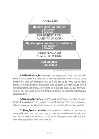 260
Figura 1: Escada da dor para analgesia em câncer.
4. Individualização: inexistem doses padronizadas para os opiá-
ceos. A dose “certa”é a que alivia a dor do paciente. A variação da dose
de morfina oral, por exemplo, varia de 5 mg a mais de 1.000 mg a cada 4
horas. Os medicamentos indicados para as dores de intensidade leve a
moderada têm, na prática, um limite de dose por causa da sua formula-
ção ou por causa do aumento desproporcional dos efeitos indesejáveis
das altas doses.
5. Uso de adjuvantes: indicado para aumentar a analgesia, con-
trolar efeitos adversos dos opiáceos e controlar sintomas que estão con-
tribuindo para a dor do paciente, como ansiedade, depressão, insônia.
6. Atenção aos detalhes: dar instruções precisas ao paciente e
aos cuidadores, tanto escritas quanto orientadas verbalmente, sobre os
nomes dos medicamentos, sua indicação, dosagem, intervalo entre as
tomadas e possíveis efeitos colaterais.
 