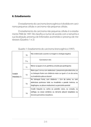 34
8. Estadiamento
O estadiamento do carcinoma broncogênico é dividido em carci-
noma pequenas células e carcinoma não pequenas células.
O estadiamento do carcinoma não pequenas células é o estadia-
mento TNM de 1997. Ele classifica o tumor de acordo com o tamanho e
sua localização, presença de linfonodos acometidos e presença de me-
tástases (Quadros 1 e 2):
Quadro 1: Estadiamento do carcinoma broncogênico (1997).
 