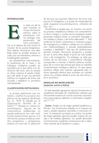 INTRODUCCION
N cada uno de los
tipos tumorales se
incluye información
práctica sobre la
presentación clíni-
ca, etiología, com-
portamiento del
tumor y pronóstico.
No es el objetivo de esta revisión la
inclusión de las pautas terapéuticas.
Para obtener información más deta-
llada sobre las posibles terapias en
cada caso recomendamos remitirse a
la bibliografía reseñada.
Las características macroscópicas,
la localización de la masa y los
hallazgos citológicos pueden ser
orientativos en lo que refiere a la cla-
sificación del tumor, pero es siempre
en última instancia el estudio histoló-
gico del tejido el que nos permitirá
clasificar la neoplasia de forma más
acurada y establecer un pronóstico
individualizado.
CLASIFICACION HISTOLOGICA
La primera publicación que nor-
malizó y clasificó los procesos neo-
plásicos en las especies domésticas
fue, en 1974, la editada por la
Organización Mundial de la
Salud18,19. Basada en criterios his-
tomorfológicos, algunas de las
nomenclaturas establecidas en
aquella publicación han sido modi-
ficadas posteriormente gracias a la
información proporcionada por estu-
dios prospectivos y retrospectivos
amplios así como por la aplicación
de técnicas que permiten determinar de forma más
precisa la histogénesis y el grado de malignidad de
cada neoplasia (inmunohistoquímica, citometría de
flujo, etc.).
Actualmente se acepta que, en conjunto, son pocos
los procesos neoplásicos cutáneos con comportamien-
to clínico maligno y muchas de las neoplasias histoló-
gicamente malignas tienen un pronóstico favorable si
son tratadas a tiempo y de forma adecuada6,17. Esta
evidencia ha hecho cuestionarse a numerosos grupos
de investigación la utilidad y validez de una clasifica-
ción histolomorfológica a menudo extremadamente
compleja y detallada22. Este tipo de clasificaciones
permiten compilar información prospectiva y pueden
ser por lo tanto útiles desde el punto de vista acadé-
mico o de investigación. Sin embargo, se sabe que
muchas de las divisiones y nomenclaturas utilizadas
corresponden a menudo a distintos patrones morfoló-
gicos de un mismo tipo tumoral que tienen en realidad
comportamientos biológicos idénticos. En este repaso
queremos reflejar esta situación agrupando bajo un
mismo apartado distintos tipos tumorales con caracte-
rísticas muy similares desde el punto de vista clínico y
de su pronóstico.
NODULOS NO NEOPLASICOS
(especies canina y felina)
En este apartado agrupamos algunas formaciones no
neoplásicas derivadas de componentes cutáneos que
clínicamente muestran en muchas ocasiones caracterís-
ticas macroscópicas idénticas a crecimientos neoplási-
cos7,8,17,22.
Quistes. Pueden ser de origen epitelial epidérmico o
folicular. Son formaciones aisladas en la mayoría de
casos y pueden aparecer asociadas a irritaciones cró-
nicas. La extirpación quirúrgica es curativa. Los quistes
de origen glandular apocrino pueden originar de una
sola o de múltiples glándulas. Los quistes dermoides
son formaciones congénitas consecuencia de un desa-
rrollo anómalo de la epidermis y anejos.
CAPITULO III REVISION ACTUALIZADA DE TUMORES CUTANEOS EN EL PERRO Y EL GATO
ONCOLOGIA CUTANEA
i
 