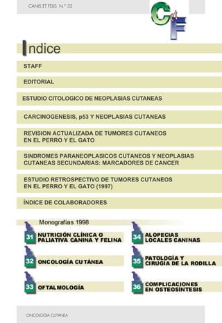 CANIS ET FELIS N.° 32
SINDROMES PARANEOPLASICOS CUTANEOS Y NEOPLASIAS
CUTANEAS SECUNDARIAS: MARCADORES DE CANCER
CARCINOGENESIS, p53 Y NEOPLASIAS CUTANEAS
REVISION ACTUALIZADA DE TUMORES CUTANEOS
EN EL PERRO Y EL GATO
EDITORIAL
ÍNDICE DE COLABORADORES
STAFF
ESTUDIO CITOLOGICO DE NEOPLASIAS CUTANEAS
ESTUDIO RETROSPECTIVO DE TUMORES CUTANEOS
EN EL PERRO Y EL GATO (1997)
ndice
ONCOLOGIA CUTANEA
 