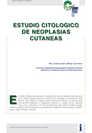 CAPITULO I ESTUDIO CITOLOGICO DE NEOPLASIAS CUTANEAS
ONCOLOGIA CUTANEA
i
L estudio citológico de aspirados o improntas de lesiones nodulares cutáneas supo-
ne un método rápido, práctico y económico de investigar la naturaleza de estas
lesiones. Este estudio va a aportar siempre información valiosa y en muchos casos
nos permitirá establecer un diagnóstico definitivo o, cuando menos, suficiente
como para conducirnos a la toma de decisiones para realizar estudios comple-
mentarios (cultivos, toma de biopsias) o procedimientos terapéuticos (quimioterapia, antibiote-
rapia, cirugía limitada o radical).
DRS. JAUME ALTIMIRA y MIQUEL VILAFRANCA
Servicio de Diagnóstico Histopatológico Veterinario, Histovet
Montserrat, 9. 08192 Sant Quirze del Vallès (Barcelona)
 