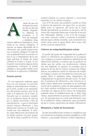 INTRODUCCION
pesar de que son
evidentes las venta-
jas del uso de este
método diagnósti-
co, debemos ser
prudentes a la
hora de interpretar
y establecer diag-
nósticos definitivos basándonos única-
mente en los criterios citológicos. A
menudo se espera demasiado de la
información que puede proporcionar-
nos un examen citológico. En este artí-
culo se pretende hacer una revisión crí-
tica al uso e interpretación de la cito-
logía aplicada al estudio de masas
cutáneas en el perro y el gato. A con-
tinuación mencionamos algunas de las
características intrínsecas al estudio
citológico y que pueden resultar como
limitantes en su aplicación y fiabilidad.
Examen parcial
En una aspiración mediante aguja
fina o en una impronta, la zona estu-
diada es extremadamente limitada y,
por lo tanto, puede no ser representa-
tiva del proceso primario que ha lle-
vado a la aparición de la masa. Es
frecuente que en procesos neoplási-
cos se produzcan áreas de necrosis
por su rápido crecimiento y falta de
vascularización, o que el crecimiento
tumoral induzca inflamación u otras
alteraciones tisulares en el tejido que
invade (ver más adelante). A menu-
do, estas alteraciones secundarias de
los tejidos suponen una gran propor-
ción de la masa y puede ser el único
material presente en nuestra extensión o encontrarse
mezclado con las células tumorales.
Con el fin de evitar este problema cuando se utiliza
la técnica de aspiración con aguja fina, es recomen-
dable evitar la aspiración del centro de la masa
(donde generalmente se produce la necrosis) y de las
zonas más marginales (áreas que a menudo se encuen-
tran inflamadas). Además, y con el fin de conseguir
una mejor colección celular y aumentar la probabili-
dad de aspirar células tumorales, será conveniente reo-
rientar varias veces la aguja dentro de la masa reali-
zando sucesivas aspiraciones.
Criterios de malignidad/Displasia celular
El estudio del grado de malignidad de la población
celular no inflamatoria que predomina en la prepara-
ción citológica se realiza mediante la identificación de
alteraciones celulares y nucleares que se producen en
células que han sufrido una transformación maligna
(ver más adelante). En general, se considera que la
presencia de tres de los criterios nucleares de maligni-
dad en una población celular es indicativa de neopla-
sia maligna, aunque son frecuentes las situaciones que
pueden llevar a establecer falsos diagnósticos de
malignidad por la aplicación de esta norma. Por ejem-
plo, la presencia de inflamación u otra irritación en un
tejido induce alteraciones reversibles en la morfología
normal de la población celular de éste (displasia celu-
lar); estos cambios morfológicos en muchas ocasiones
coinciden con algunos de los criterios de malignidad,
pudiendo llevar al establecimiento de un falso diag-
nóstico, especialmente en procesos inflamatorios cróni-
cos. Se aconseja tener en cuenta este fenómeno cuan-
do la población celular sospechosa vaya acompaña-
da de un número significativo de células inflamatorias.
Metaplasia y Tejido de Granulación
Se trata de proliferaciones tisulares no neoplásicas que
con frecuencia acompañan procesos neoplásicos e infla-
matorios, y que pueden llevarnos a falsos diagnósticos.
CAPITULO I ESTUDIO CITOLOGICO DE NEOPLASIAS CUTANEAS
ONCOLOGIA CUTANEA
i
 