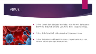 VIRUS:
 El virus Epstein Barr (EBV) está asociado a más del 90% de los casos
de linfoma de Burkitt africano (20% fuera de las áreas endémicas).
 El virus de la hepatitis B está asociado al hepatocarcinoma.
 El virus de la inmunodeficiencia humana (VIH) está asociado a los
linfomas debido a un déficit inmunitario.
 