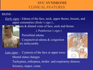 SVC SYNDROME
CLINICAL FEATURES
SIGNS :
Early signs - Edema of the face, neck, upper thorax, breasts, and
upper extremities (Stoke’s sign ) ,
Facial plethora & dilated veins of face, neck and thorax
( Pemberton’s sign )
Periorbital edema
Conjunctival edema & congestion
Compensatory tachycardia
Late signs - Cyanosis of the face or upper torso
Mental status changes
Tachypnea, orthopnea, stridor and respiratory distress
Seizures, stupor, coma
Haapoja & Blendowski, 1999 ;
 
