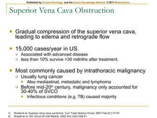 Superior Vena Cava Obstruction Gradual compression of the superior vena cava, leading to edema and retrograde flow 15,000 cases/year in US.  Associated with advanced disease less than 10% survive >30 months after treatment. Most commonly caused by intrathoracic malignancy Usually lung cancer  Also mediastinal, metastatic and lymphoma Before mid-20 th  century, malignancy only accounted for 30-40% of SVCO Infectious conditions (e.g. TB) caused majority º Wudel et al. Superior vena cava syndrome. Curr Treat Options Oncol. 2001 Feb;2(1):77-91. Rowell et al. Clin Oncol (R Coll Radiol). 2002 Oct;14(5):338-51. 