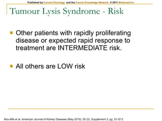 Tumour Lysis Syndrome - Risk Other patients with rapidly proliferating disease or expected rapid response to treatment are INTERMEDIATE risk.  All others are LOW risk Abu-Alfa et al. American Journal of Kidney Diseases (May 2010), 55 (5), Supplement 3, pg. S1-S13 