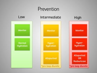Prevention 
Low Intermediate High 
Monitor 
Hyper-hydration 
prn Normal 
Hydration 
Allopurinol 
Monitor 
*prn loop diuretic 
Hyper-hydration 
Allopurinol 
OR 
Rasburicase 
*prn loop diuretic 
Monitor 
 