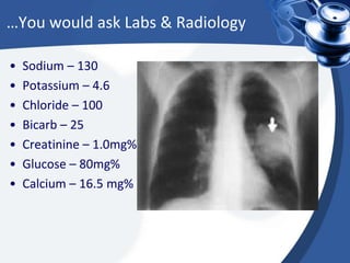 …You would ask Labs & Radiology
•
•
•
•
•
•
•

Sodium – 130
Potassium – 4.6
Chloride – 100
Bicarb – 25
Creatinine – 1.0mg%
Glucose – 80mg%
Calcium – 16.5 mg%

 