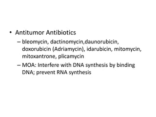 • Antitumor Antibiotics
– bleomycin, dactinomycin,daunorubicin,
doxorubicin (Adriamycin), idarubicin, mitomycin,
mitoxantrone, plicamycin
– MOA: Interfere with DNA synthesis by binding
DNA; prevent RNA synthesis
 