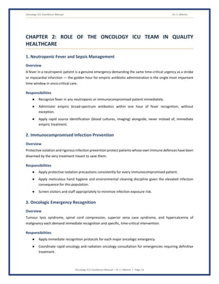 Oncology ICU Excellence Manual Dr J L Meena
Oncology ICU Excellence Manual – Dr J L Meena | Page 14
CHAPTER 2: ROLE OF THE ONCOLOGY ICU TEAM IN QUALITY
HEALTHCARE
1. Neutropenic Fever and Sepsis Management
Overview
A fever in a neutropenic patient is a genuine emergency demanding the same time-critical urgency as a stroke
or myocardial infarction — the golden hour for empiric antibiotic administration is the single most important
time window in onco-critical care.
Responsibilities
● Recognize fever in any neutropenic or immunocompromised patient immediately.
● Administer empiric broad-spectrum antibiotics within one hour of fever recognition, without
exception.
● Apply rapid source identification (blood cultures, imaging) alongside, never instead of, immediate
empiric treatment.
2. Immunocompromised Infection Prevention
Overview
Protective isolation and rigorous infection prevention protect patients whose own immune defences have been
disarmed by the very treatment meant to save them.
Responsibilities
● Apply protective isolation precautions consistently for every immunocompromised patient.
● Apply meticulous hand hygiene and environmental cleaning discipline given the elevated infection
consequence for this population.
● Screen visitors and staff appropriately to minimize infection exposure risk.
3. Oncologic Emergency Recognition
Overview
Tumour lysis syndrome, spinal cord compression, superior vena cava syndrome, and hypercalcemia of
malignancy each demand immediate recognition and specific, time-critical intervention.
Responsibilities
● Apply immediate recognition protocols for each major oncologic emergency.
● Coordinate rapid oncology and radiation oncology consultation for emergencies requiring definitive
treatment.
 