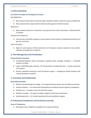 Oncology ICU Excellence Manual Dr J L Meena
Oncology ICU Excellence Manual – Dr J L Meena | Page 19
5. Ethical Standards
Core Ethical Principles for Oncology ICU Practice
Non-Maleficence
● Never allow a known infection prevention gap or delayed emergency response to persist unaddressed.
● Never proceed with a major treatment decision without genuine informed consent.
Beneficence
● Apply evidence-based care consistently, ensuring every time-critical intervention is delivered within
its window.
Honesty and Transparency
● Communicate reversibility, prognosis, and any adverse event honestly, including honest disclosure of
genuine uncertainty.
Justice and Equity
● Apply the same rigorous infection prevention and emergency response standard to every patient,
regardless of background or prognosis.
6. Time Management and Prioritization
Clinical Priority Framework
● Immediate/Emergency: Febrile neutropenia, suspected sepsis, oncologic emergency — immediate
response, no delay.
● Urgent: CRS/ICANS grade escalation, TLS risk parameters trending abnormal — prompt assessment
and response.
● Routine: Scheduled monitoring, routine transfusion support — managed per defined schedule, with
unwavering vigilance discipline.
7. Teamwork and Collaboration
Work Effectively With
● Medical and haematological oncology — for integrated disease-specific and reversibility assessment.
● Infectious diseases — for antimicrobial stewardship and multidrug-resistant organism management.
● Palliative care — for goals-of-care and end-of-life support.
● Radiation oncology — for urgent oncologic emergency intervention coordination.
● Quality department — for incident reporting, RCA, and accreditation support.
8. Professional Competence and Continuous Learning
Areas of Competence
● Neutropenic fever recognition and golden-hour response protocols.
 