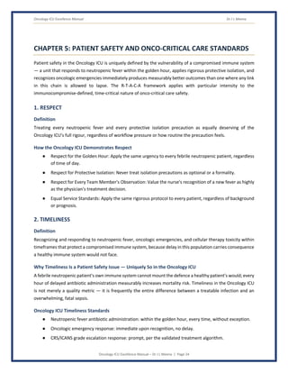 Oncology ICU Excellence Manual Dr J L Meena
Oncology ICU Excellence Manual – Dr J L Meena | Page 24
CHAPTER 5: PATIENT SAFETY AND ONCO-CRITICAL CARE STANDARDS
Patient safety in the Oncology ICU is uniquely defined by the vulnerability of a compromised immune system
— a unit that responds to neutropenic fever within the golden hour, applies rigorous protective isolation, and
recognizes oncologic emergencies immediately produces measurably better outcomes than one where any link
in this chain is allowed to lapse. The R-T-A-C-A framework applies with particular intensity to the
immunocompromise-defined, time-critical nature of onco-critical care safety.
1. RESPECT
Definition
Treating every neutropenic fever and every protective isolation precaution as equally deserving of the
Oncology ICU's full rigour, regardless of workflow pressure or how routine the precaution feels.
How the Oncology ICU Demonstrates Respect
● Respect for the Golden Hour: Apply the same urgency to every febrile neutropenic patient, regardless
of time of day.
● Respect for Protective Isolation: Never treat isolation precautions as optional or a formality.
● Respect for Every Team Member's Observation: Value the nurse's recognition of a new fever as highly
as the physician's treatment decision.
● Equal Service Standards: Apply the same rigorous protocol to every patient, regardless of background
or prognosis.
2. TIMELINESS
Definition
Recognizing and responding to neutropenic fever, oncologic emergencies, and cellular therapy toxicity within
timeframes that protect a compromised immune system, because delay in this population carries consequence
a healthy immune system would not face.
Why Timeliness Is a Patient Safety Issue — Uniquely So in the Oncology ICU
A febrile neutropenic patient's own immune system cannot mount the defence a healthy patient's would; every
hour of delayed antibiotic administration measurably increases mortality risk. Timeliness in the Oncology ICU
is not merely a quality metric — it is frequently the entire difference between a treatable infection and an
overwhelming, fatal sepsis.
Oncology ICU Timeliness Standards
● Neutropenic fever antibiotic administration: within the golden hour, every time, without exception.
● Oncologic emergency response: immediate upon recognition, no delay.
● CRS/ICANS grade escalation response: prompt, per the validated treatment algorithm.
 
