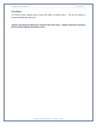 Oncology ICU Excellence Manual Dr J L Meena
Oncology ICU Excellence Manual – Dr J L Meena | Page 56
Final Motto
“An Immune System Fighting Cancer Cannot Also Fight an Infection Alone — We Are the Defence a
Compromised Body No Longer Has.”
Together, We Stand In for What Cancer Treatment Has Taken Away — Vigilant, Integrated, and Honest,
for Every Patient Fighting Two Battles at Once.
 