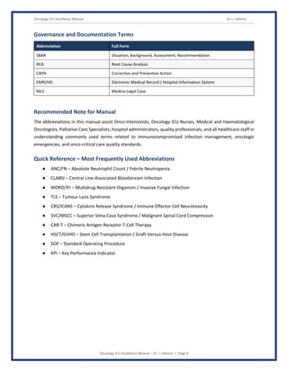 Oncology ICU Excellence Manual Dr J L Meena
Oncology ICU Excellence Manual – Dr J L Meena | Page 8
Governance and Documentation Terms
Abbreviation Full Form
SBAR Situation, Background, Assessment, Recommendation
RCA Root Cause Analysis
CAPA Corrective and Preventive Action
EMR/HIS Electronic Medical Record / Hospital Information System
MLC Medico-Legal Case
Recommended Note for Manual
The abbreviations in this manual assist Onco-Intensivists, Oncology ICU Nurses, Medical and Haematological
Oncologists, Palliative Care Specialists, hospital administrators, quality professionals, and all healthcare staff in
understanding commonly used terms related to immunocompromised infection management, oncologic
emergencies, and onco-critical care quality standards.
Quick Reference – Most Frequently Used Abbreviations
● ANC/FN – Absolute Neutrophil Count / Febrile Neutropenia
● CLABSI – Central Line-Associated Bloodstream Infection
● MDRO/IFI – Multidrug-Resistant Organism / Invasive Fungal Infection
● TLS – Tumour Lysis Syndrome
● CRS/ICANS – Cytokine Release Syndrome / Immune Effector Cell Neurotoxicity
● SVC/MSCC – Superior Vena Cava Syndrome / Malignant Spinal Cord Compression
● CAR-T – Chimeric Antigen Receptor T-Cell Therapy
● HSCT/GVHD – Stem Cell Transplantation / Graft-Versus-Host Disease
● SOP – Standard Operating Procedure
● KPI – Key Performance Indicator
 
