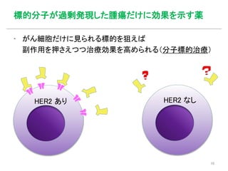 ▪ がん細胞だけに見られる標的を狙えば
副作用を押さえつつ治療効果を高められる（分子標的治療）
標的分子が過剰発現した腫瘍だけに効果を示す薬
HER2 あり HER2 なし
10
 