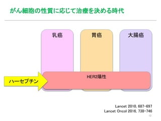 がん細胞の性質に応じて治療を決める時代
乳癌
HER2陽性
胃癌 大腸癌
HER2陽性
ハーセプチン
12
Lancet 2010, 687-697
Lancet Oncol 2016, 738-746
 