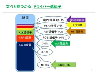 肺癌
EGFR変異
EGFR-TKI
KRAS変異
ALK遺伝子
40-55%
3-5%
ROS1遺伝子 3-5%
RET遺伝子 1-2%
HER2増幅 2-3%
BRAF変異 0.5-1%
ALK阻害剤
BRAF阻害剤
HER2抗体
8-10%
RET阻害剤
次々と見つかる ドライバー遺伝子
13
 