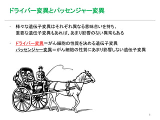 ドライバー変異とパッセンジャー変異
▪ 様々な遺伝子変異はそれぞれ異なる意味合いを持ち、
重要な遺伝子変異もあれば、あまり影響のない異常もある
▪ ドライバー変異＝がん細胞の性質を決める遺伝子変異
パッセンジャー変異＝がん細胞の性質にあまり影響しない遺伝子変異
6
 