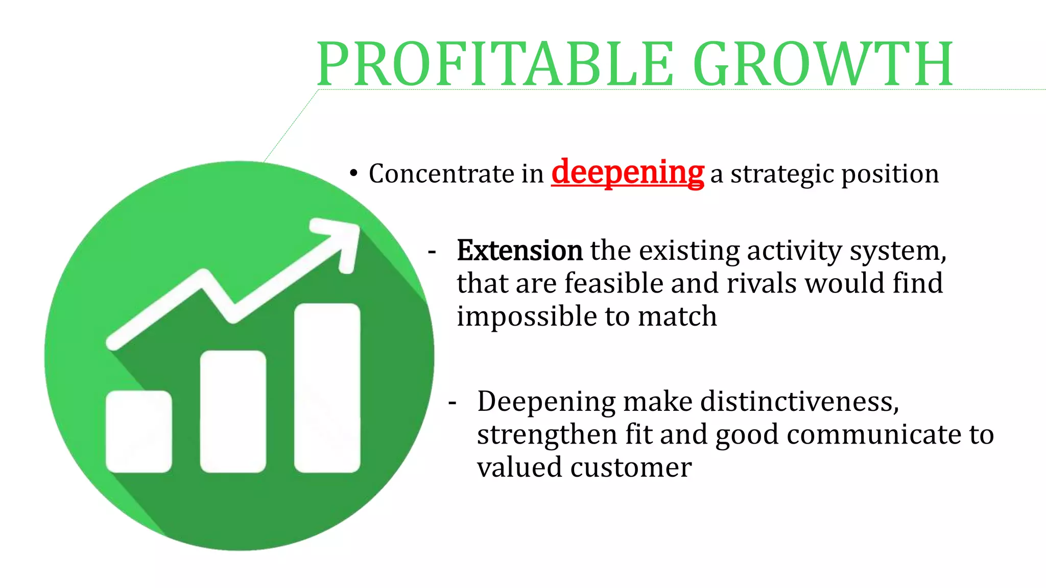 PROFITABLE GROWTH
• Concentrate in deepening a strategic position
- Deepening make distinctiveness,
strengthen fit and good communicate to
valued customer
- Extension the existing activity system,
that are feasible and rivals would find
impossible to match
 