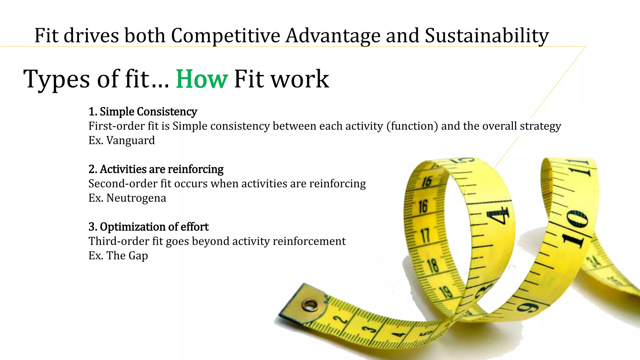 Fit drives both Competitive Advantage and Sustainability
1. Simple Consistency
First-order fit is Simple consistency between each activity (function) and the overall strategy
Ex. Vanguard
2. Activities are reinforcing
Second-order fit occurs when activities are reinforcing
Ex. Neutrogena
3. Optimization of effort
Third-order fit goes beyond activity reinforcement
Ex. The Gap
Types of fit… How Fit work
 